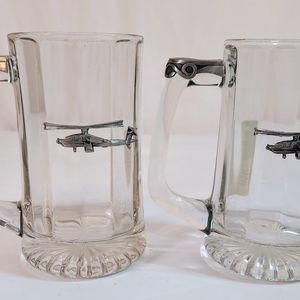 Pair Sparta Glass Mugs W Pewter Helicopter 16 ounces